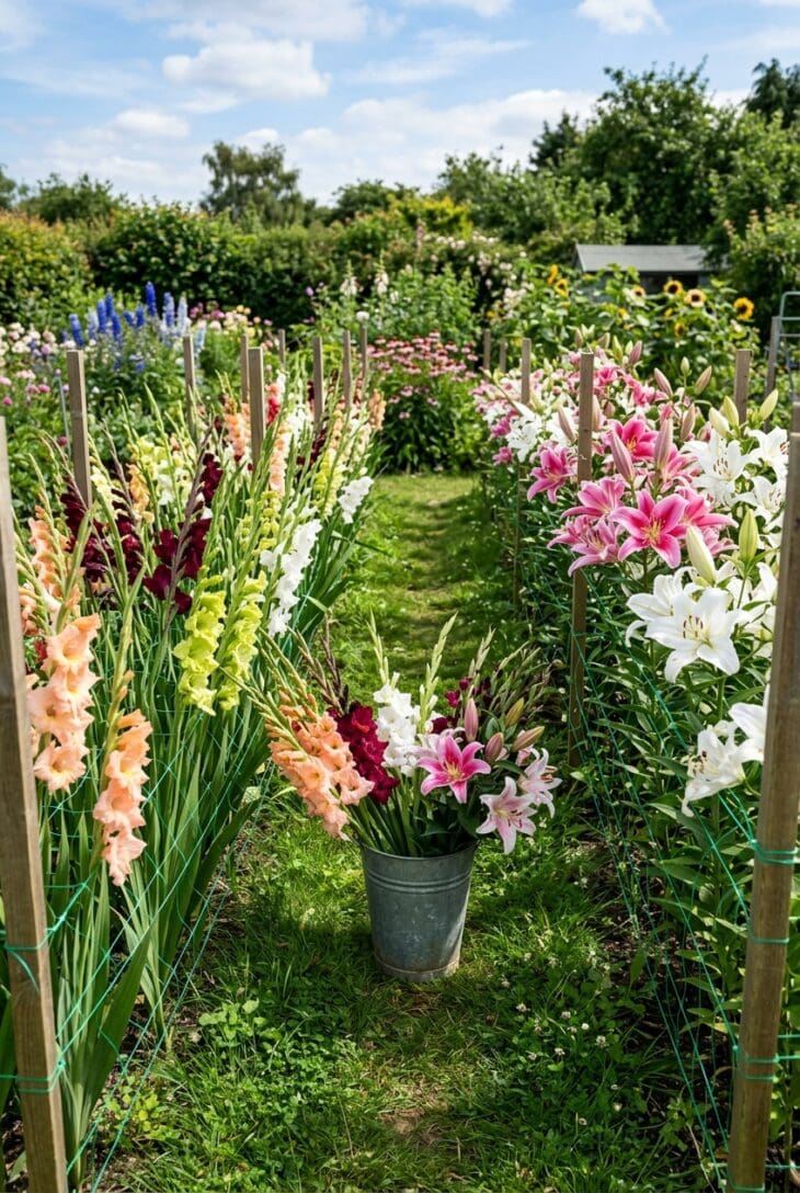 Rows of peach, burgundy and white gladiolus and pink and white Oriental lilies supported by netting