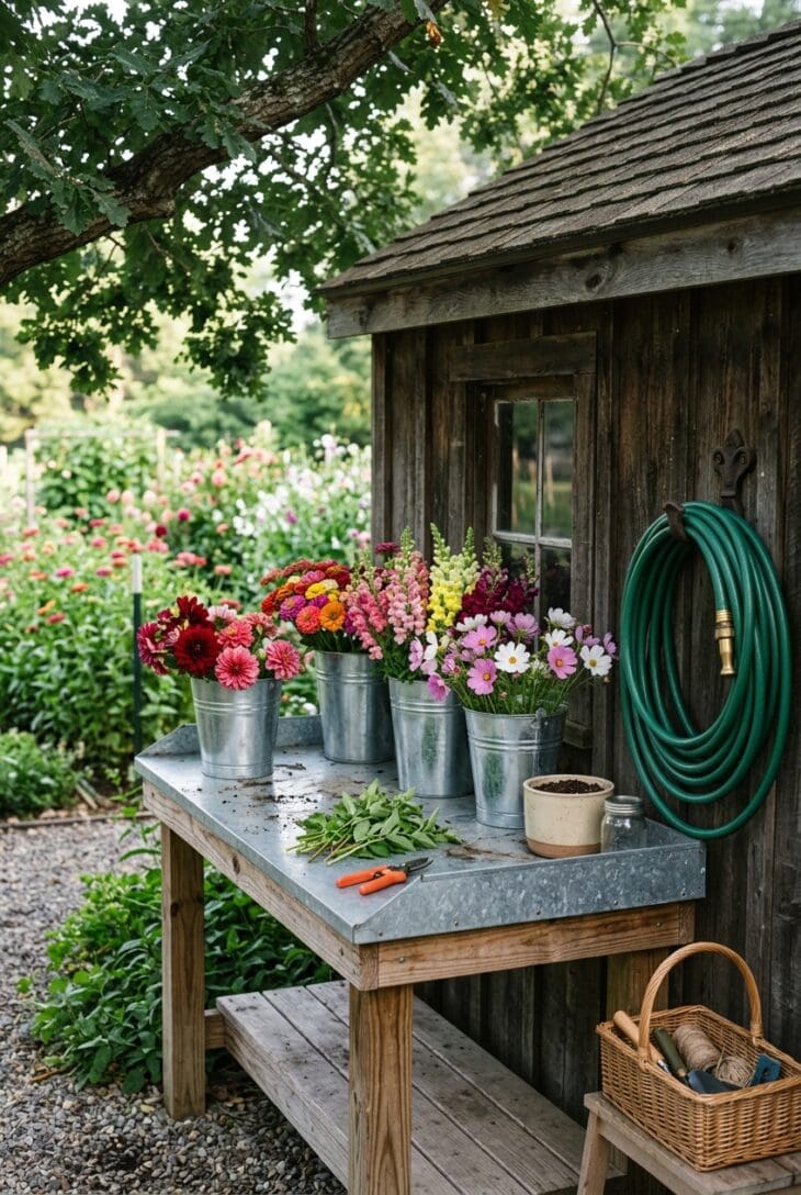 Shaded potting bench with buckets of freshly cut zinnias, dahlias and snapdragons beside a garden shed