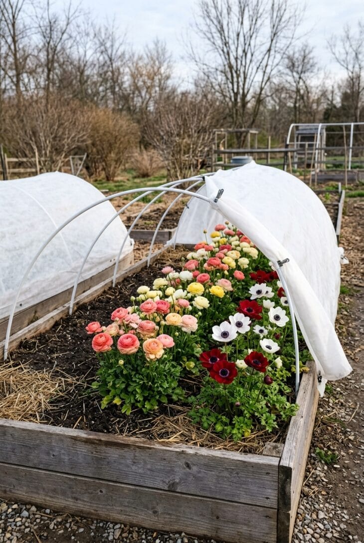 Low tunnel with frost cloth rolled back over coral, blush and yellow ranunculus and white and red anemones