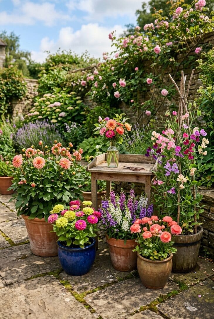 Group of terracotta pots planted with dahlias, zinnias, angelonia and ranunculus on a sunny stone patio