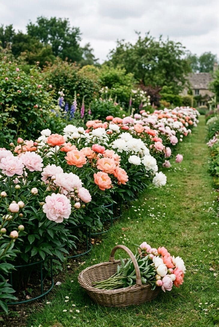 Row of pink, coral and white peonies in bloom on support rings with a basket of cut peony buds