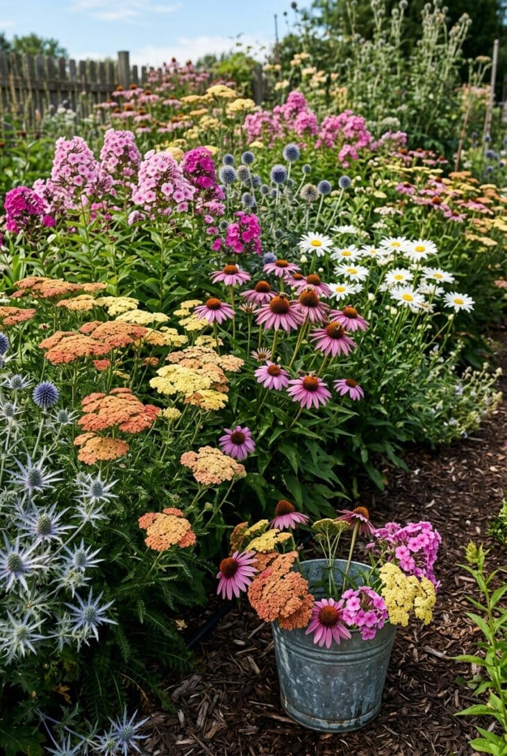 Perennial bed of yarrow, phlox, coneflowers, daisies and globe thistles with a bucket of cut stems