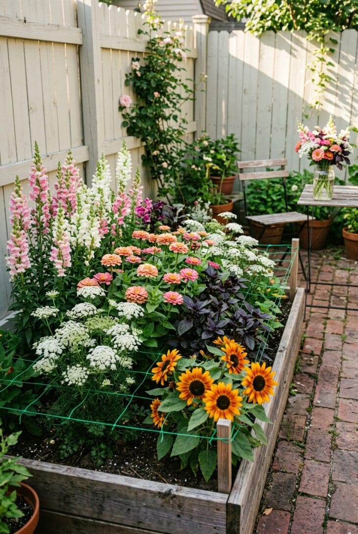 Single wooden raised bed packed with snapdragons, zinnias, white lace flowers and dwarf sunflowers in a small yard
