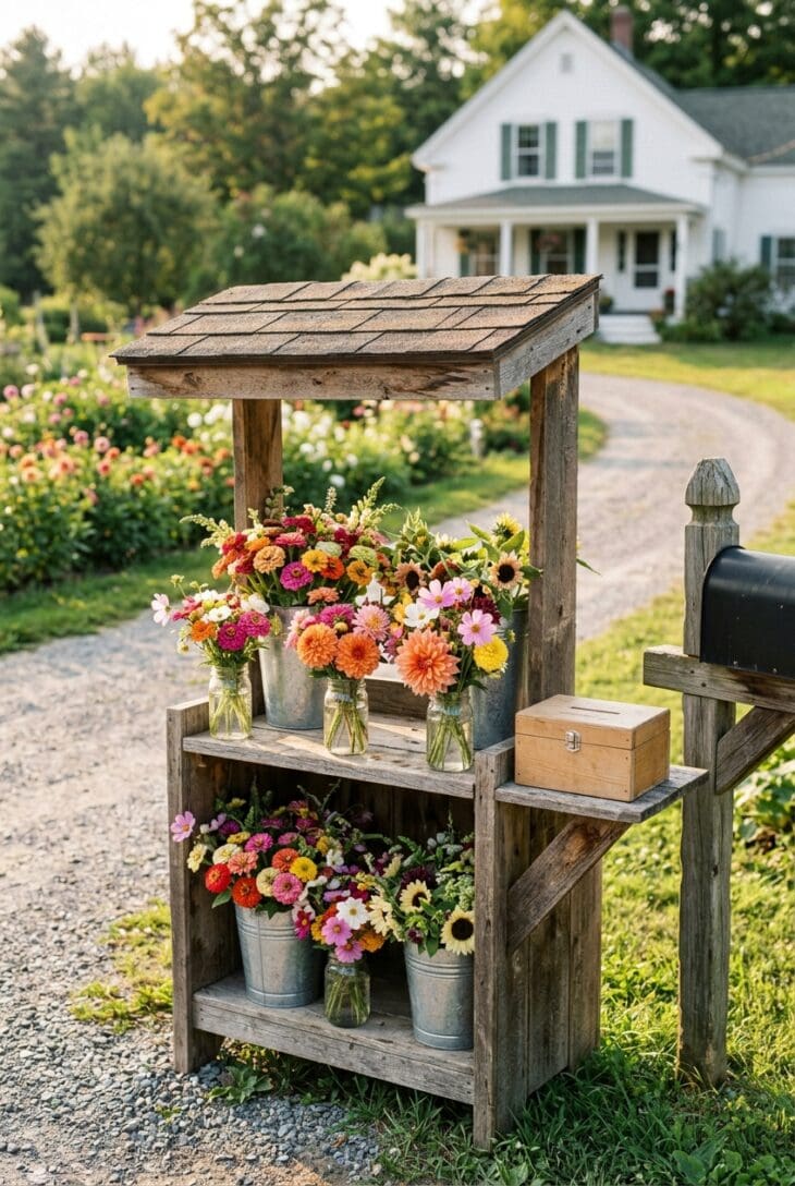 Rustic wooden roadside stand with mason-jar bouquets of zinnias, dahlias and sunflowers by a driveway