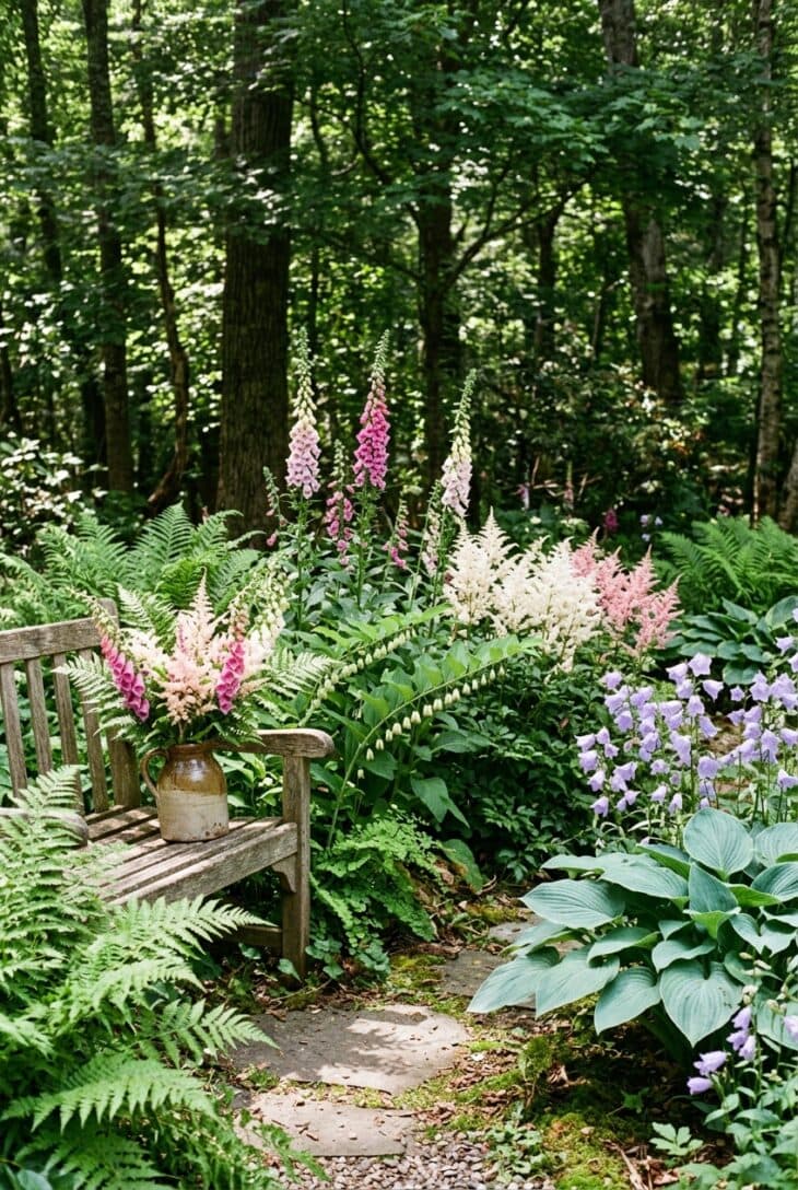 Shady corner of foxgloves, astilbe, Solomon's seal, bellflowers, hostas and ferns with a jug of cut stems
