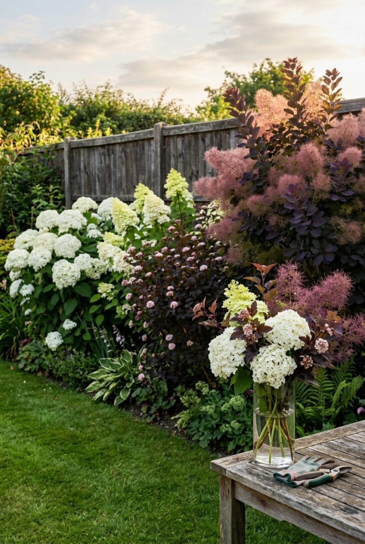 Shrub border of white hydrangeas, burgundy ninebark and smokebush, with a vase of cut branches on a table
