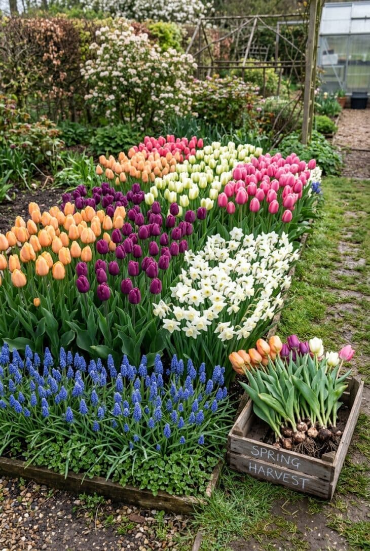 Densely planted bed of apricot, purple and white tulips, narcissus and blue grape hyacinths in spring