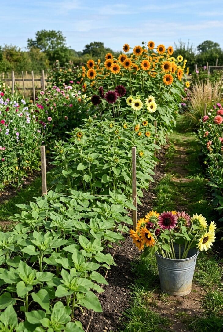 Rows of cutting sunflowers at staggered stages, from young plants to full bloom, with a bucket of cut sunflowers