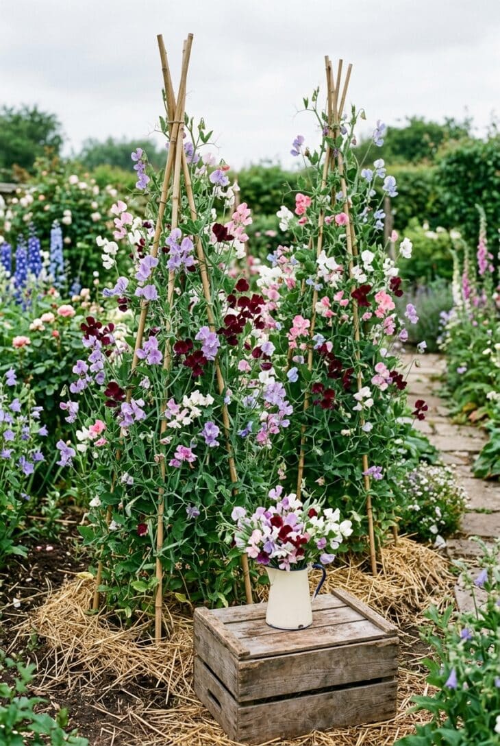 Bamboo teepees covered in lavender, maroon, pink and white sweet peas with a jug of cut sweet peas