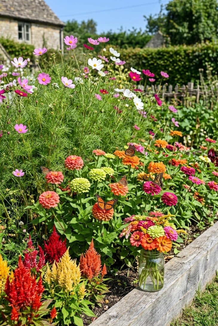 Sunny bed of cosmos, zinnias and plumed celosia with butterflies and a jar of cut zinnias on the edge