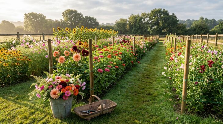 Rows of dahlias, zinnias, cosmos and sunflowers in a cutting garden, with a bucket of freshly cut flowers on the grass path