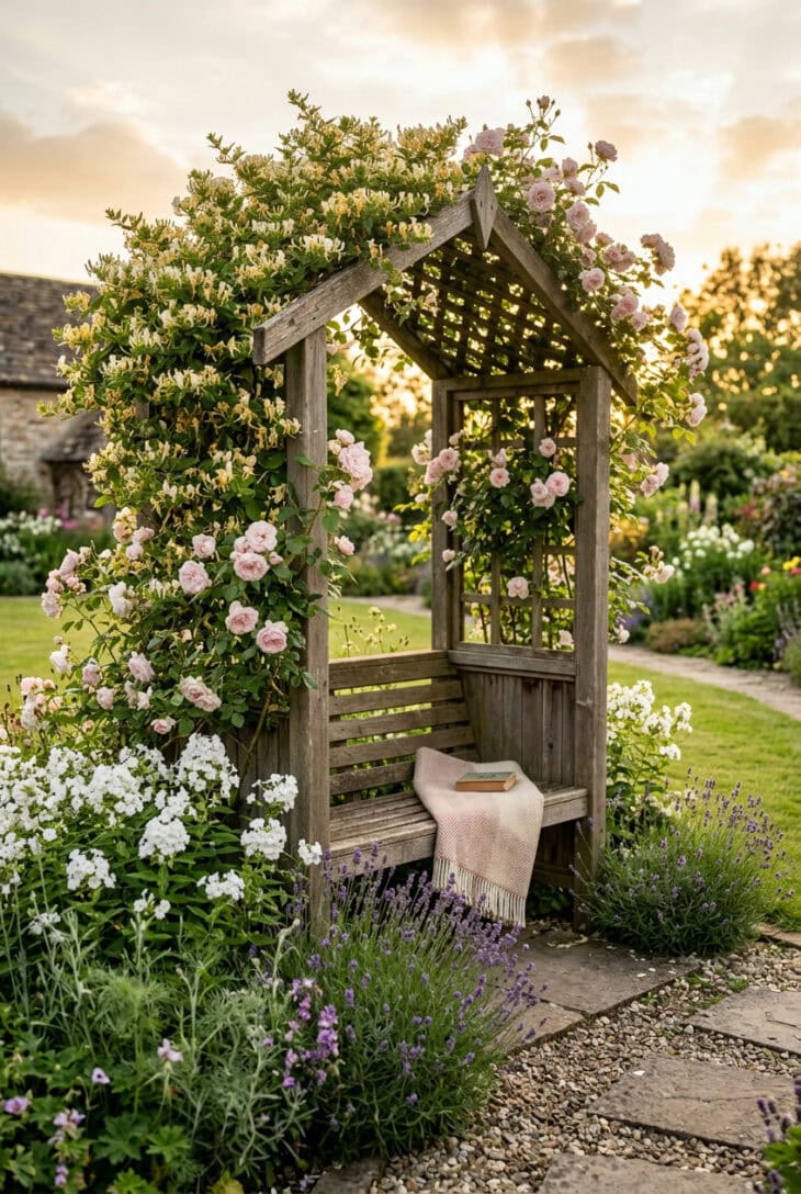 Wooden arbor bench covered in honeysuckle and pale pink climbing roses with phlox and lavender