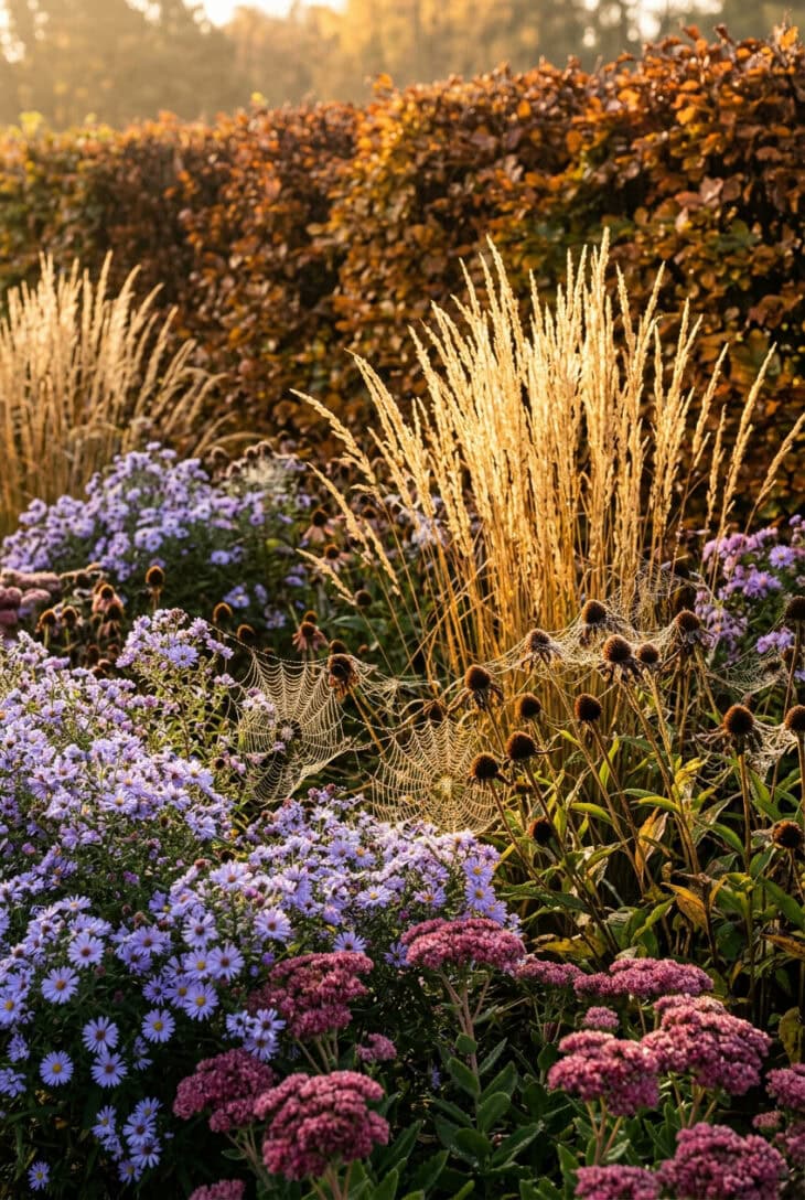 Autumn border of purple asters, pink sedum and backlit ornamental grasses