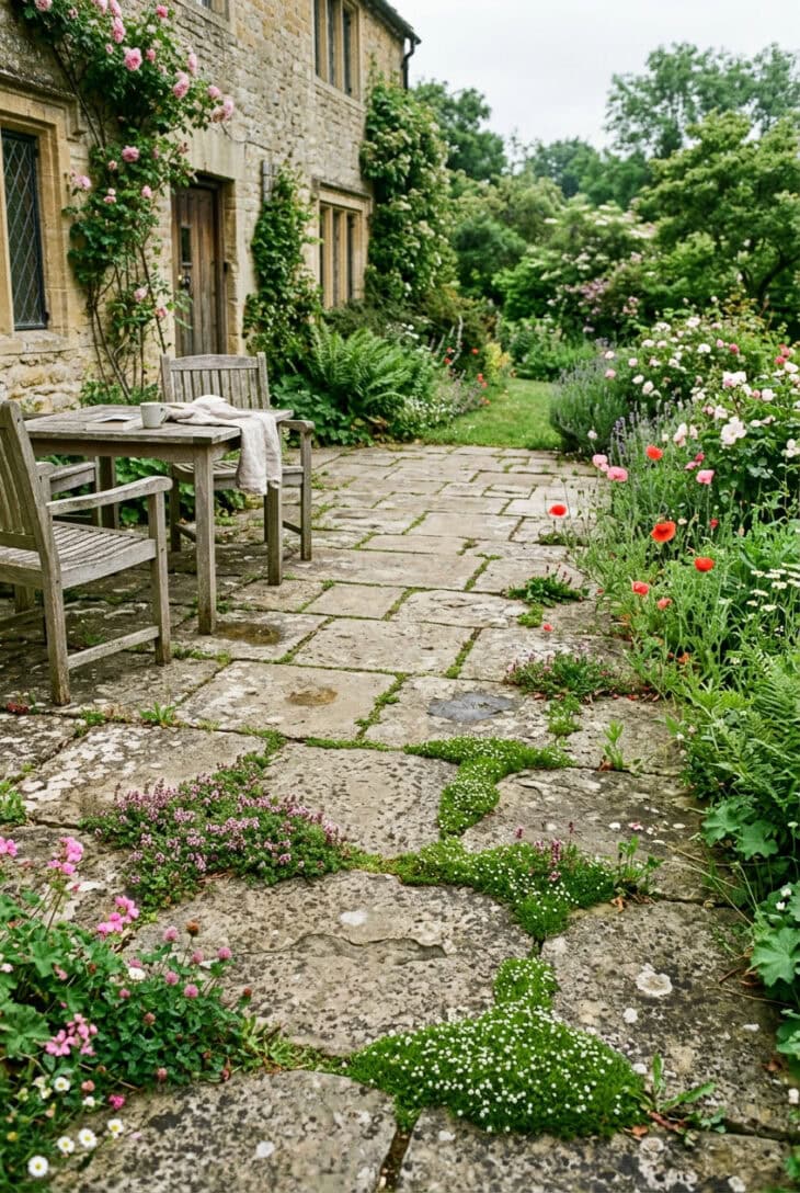 Flagstone terrace with creeping thyme and moss-like plants growing between the stones