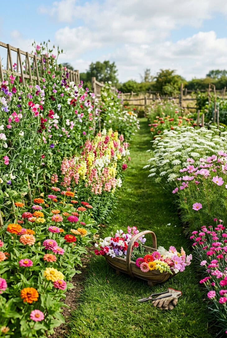 Rows of sweet peas, zinnias, snapdragons and cosmos with a trug of cut flowers