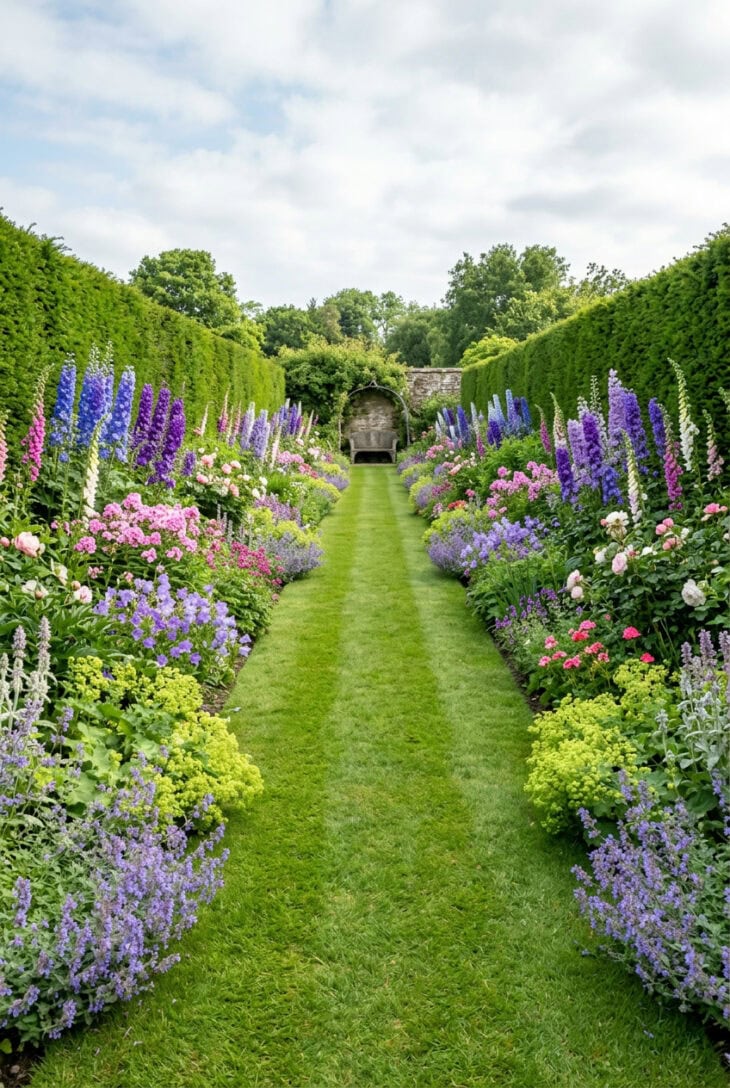 Mirrored herbaceous borders of delphiniums, phlox and catmint either side of a grass path between yew hedges