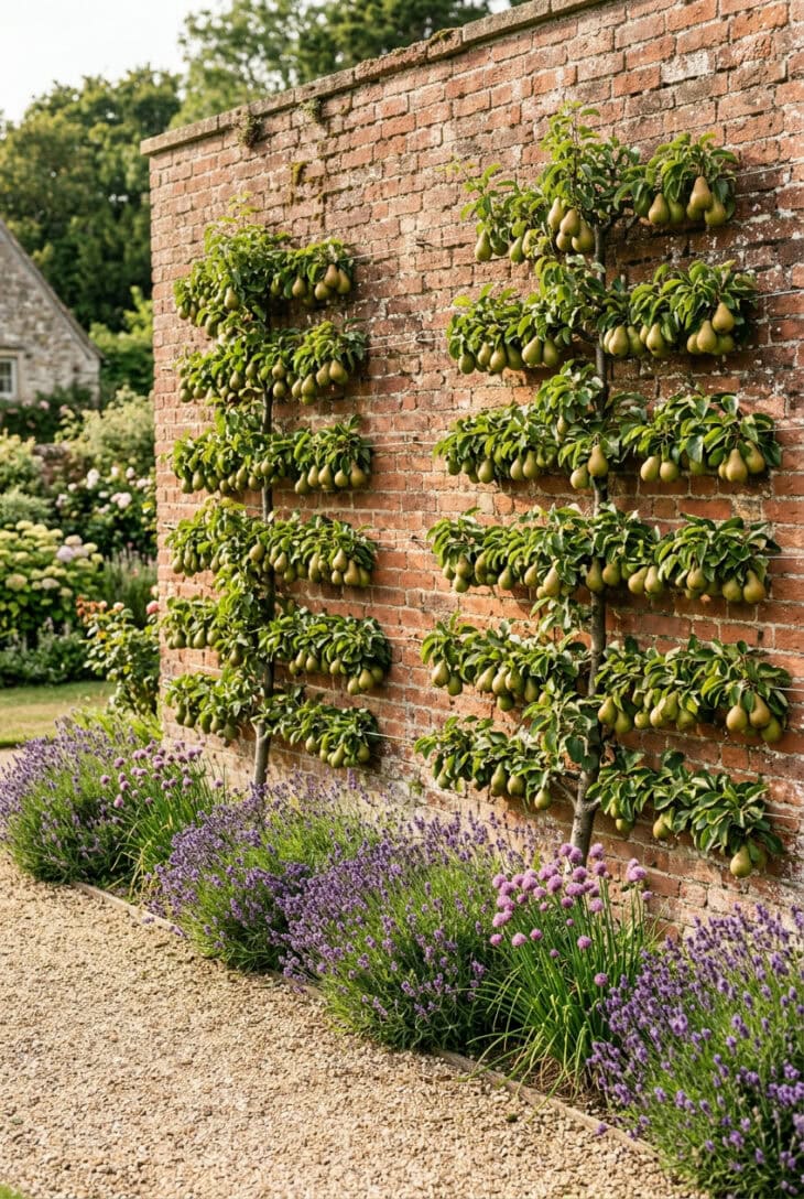 Pear trees trained in tiered horizontal espalier against a sunny red brick wall