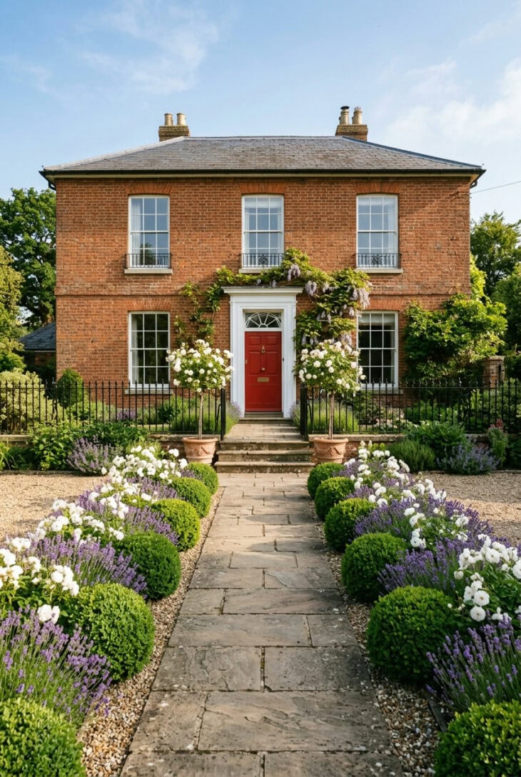 Straight stone path lined with clipped boxwood balls and roses leading to a red front door