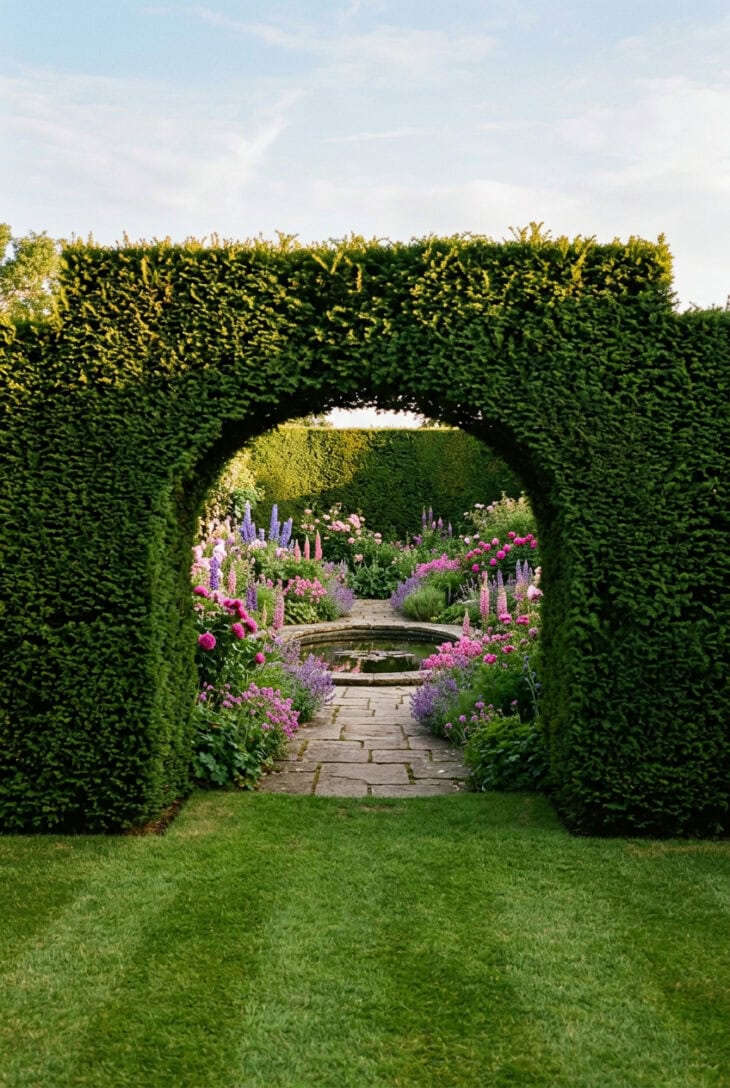 Arched opening in a tall clipped yew hedge leading into an enclosed flower garden with a round pool