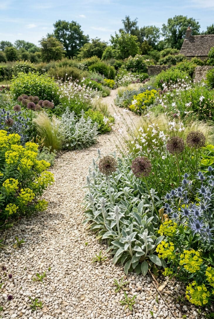 Naturalistic gravel garden of lamb's ear, gaura, sea holly and grasses in summer sun
