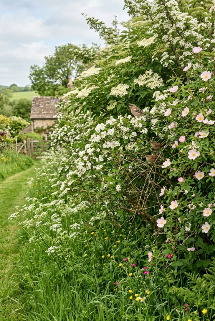 Mixed country hedgerow of flowering hawthorn, elderberry and wild roses with white wildflowers