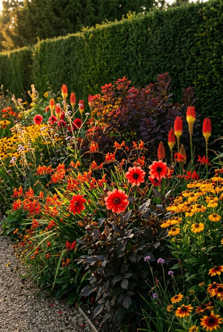 Late summer border of scarlet dahlias, orange crocosmia, red hot pokers and purple smoke bush