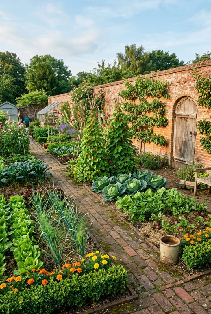 Walled kitchen garden with box-edged vegetable beds, bean wigwams and brick paths