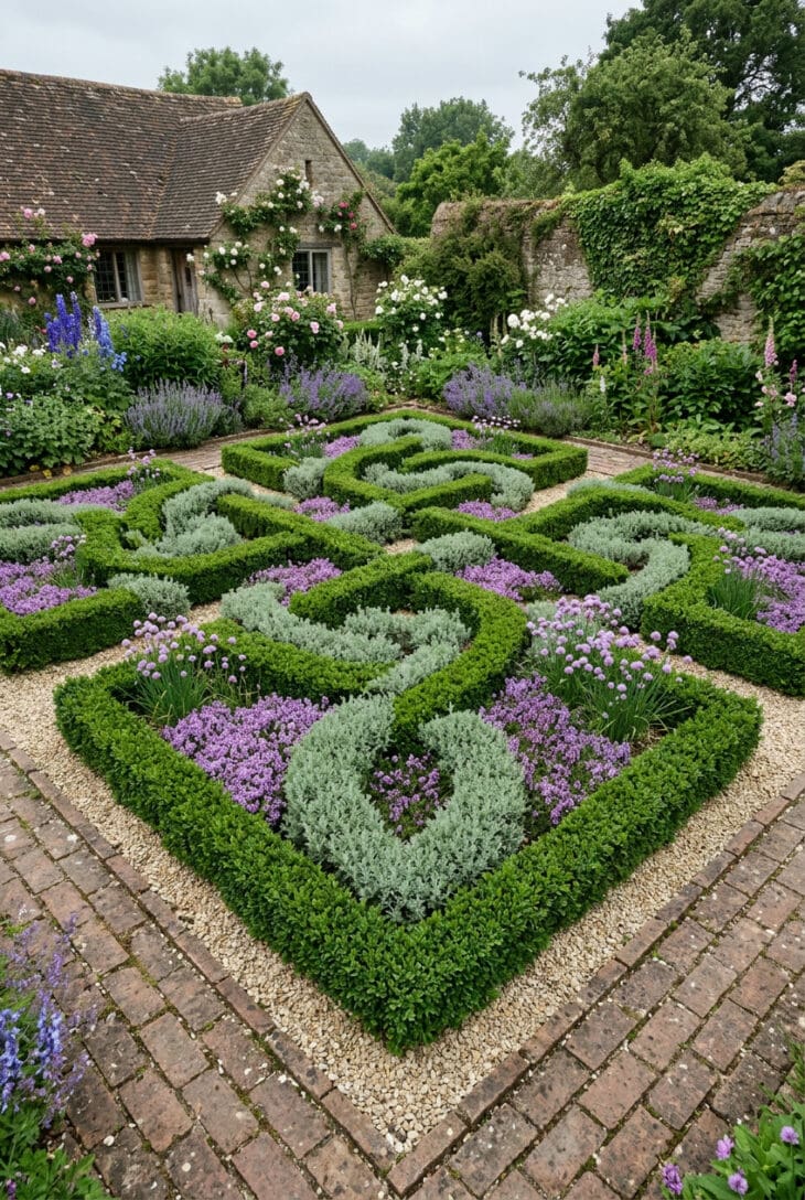 Interlaced knot garden of low boxwood and germander hedges with gravel and herbs