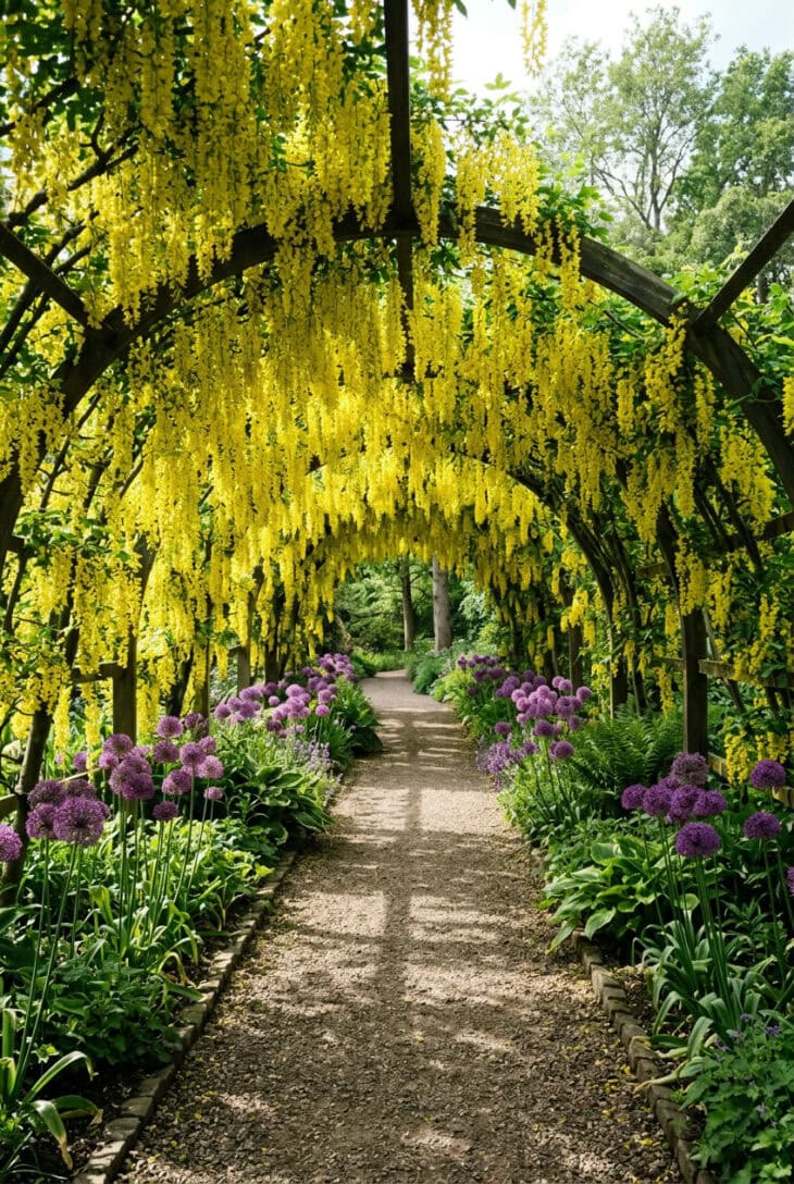 Tunnel of golden hanging laburnum flowers over a gravel path lined with purple alliums