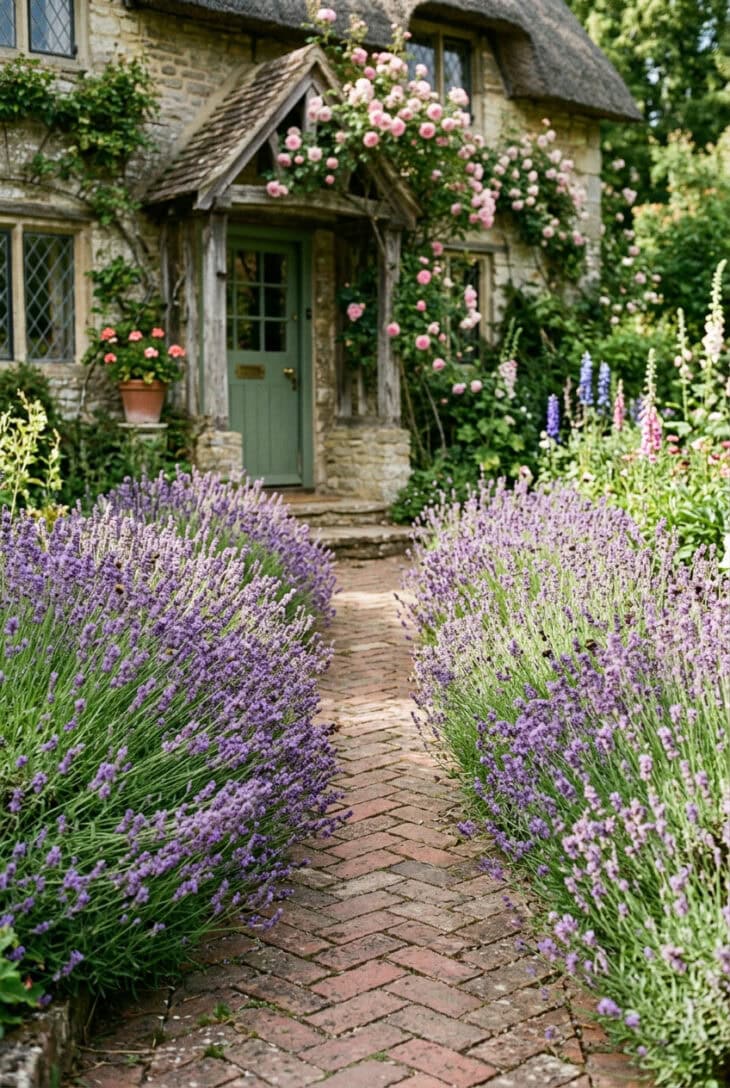 Herringbone brick path lined with billowing purple lavender leading to a cottage door