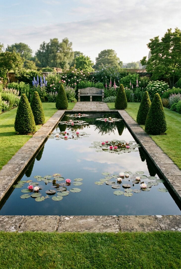 Rectangular stone-edged lily pool with pink water lilies framed by clipped yew cones