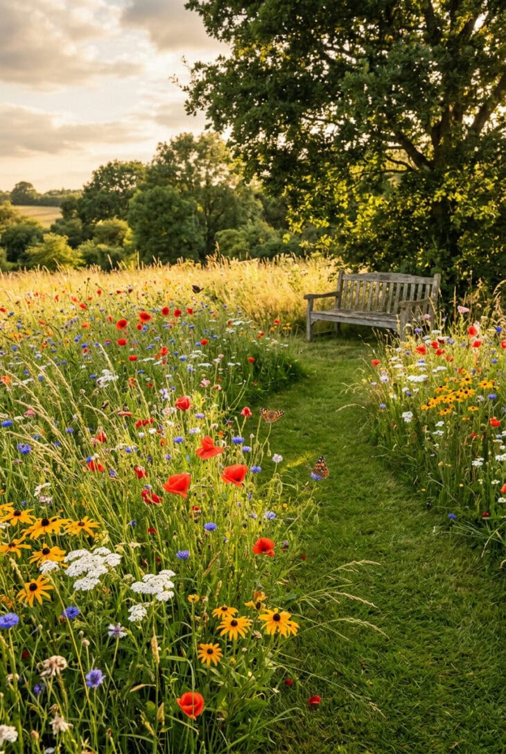 Mown grass path curving through a summer meadow of poppies, cornflowers and black-eyed susans