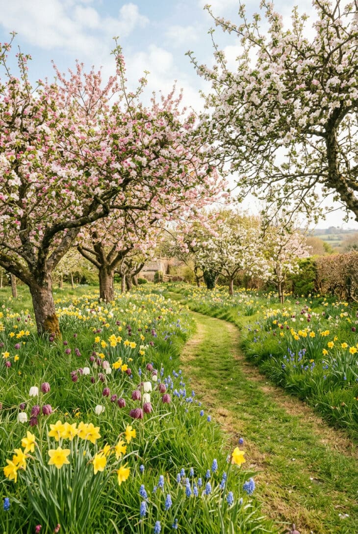 Blossoming orchard with daffodils, grape hyacinths and fritillaries naturalized in long grass