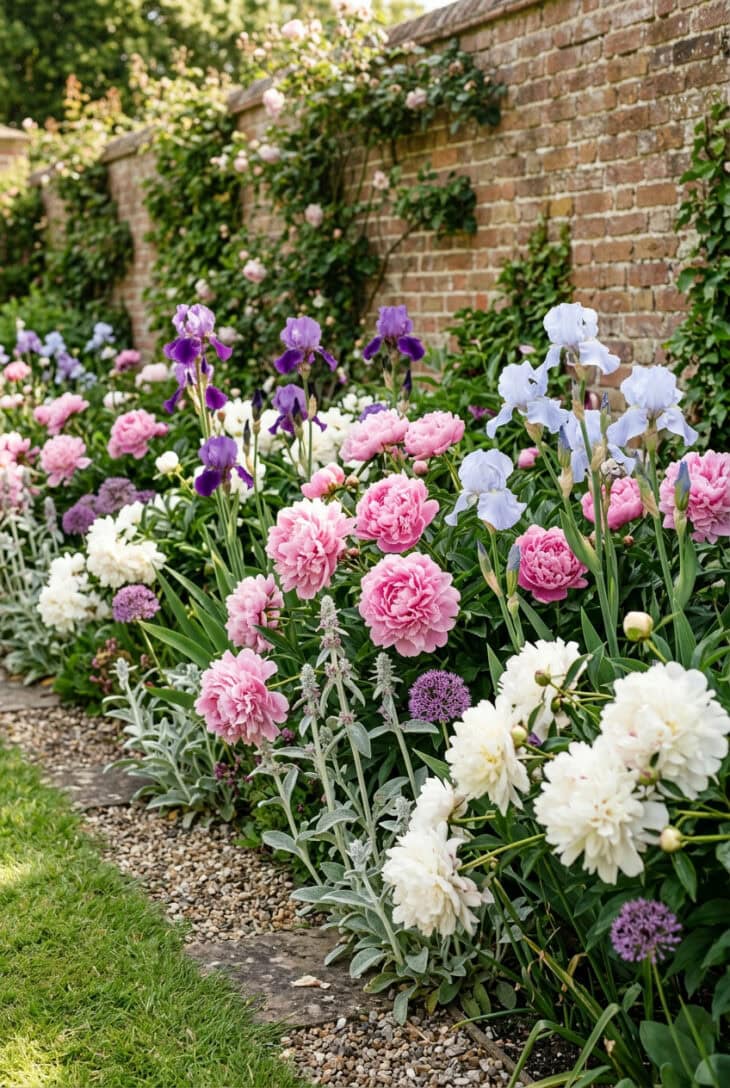 Early summer border of pink and white peonies with purple and blue bearded irises
