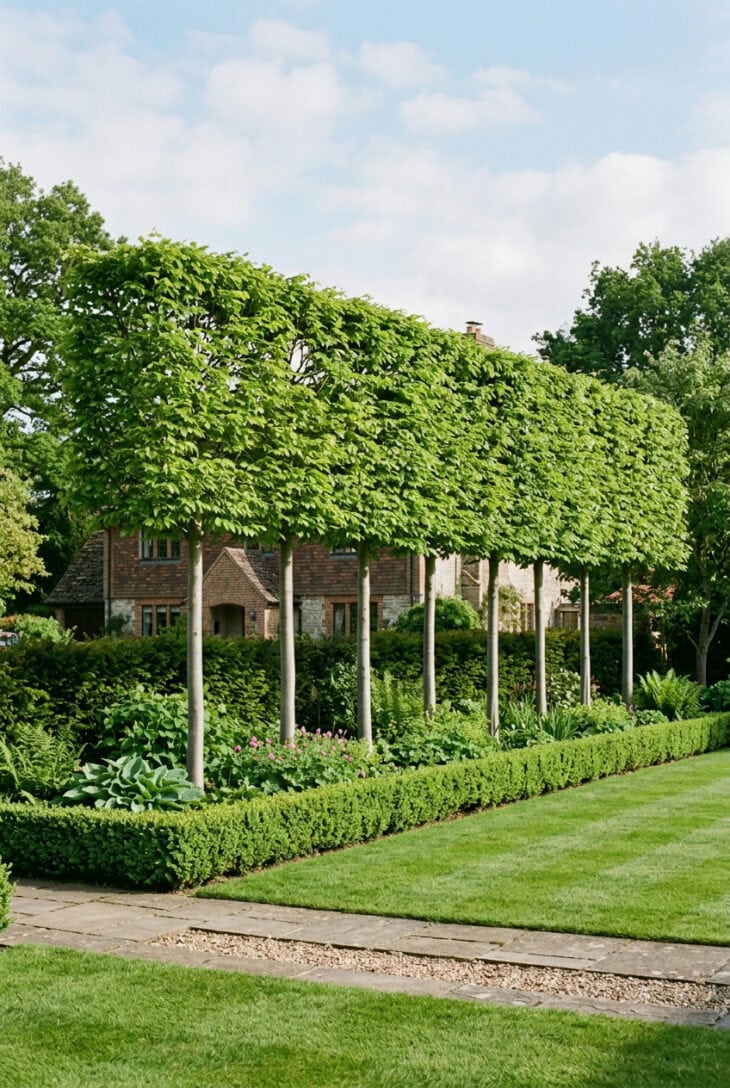Row of pleached hornbeam trees forming a raised flat green screen above a lawn