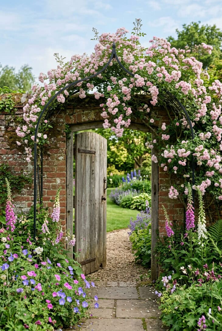 Wooden gate in a brick wall framed by an arch covered in a pale pink rambling rose