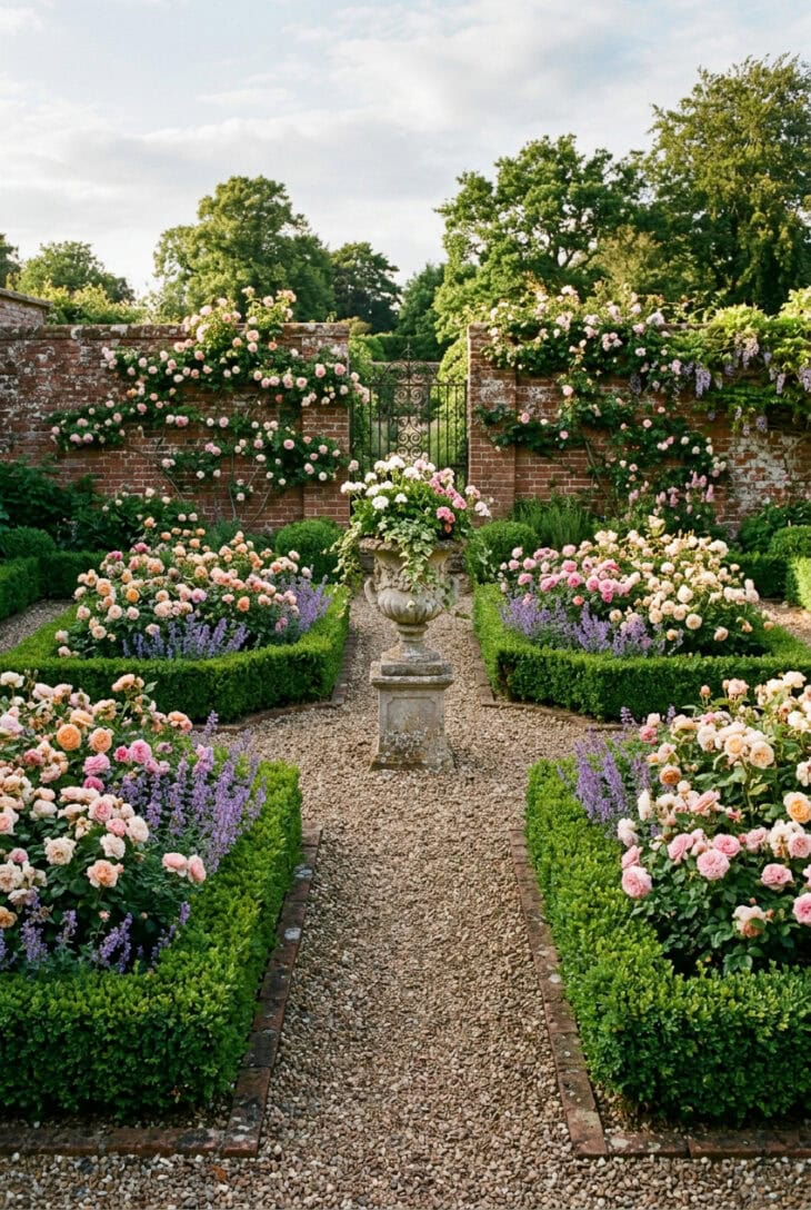 Four box-edged beds of pink, apricot and cream shrub roses with catmint around a stone urn