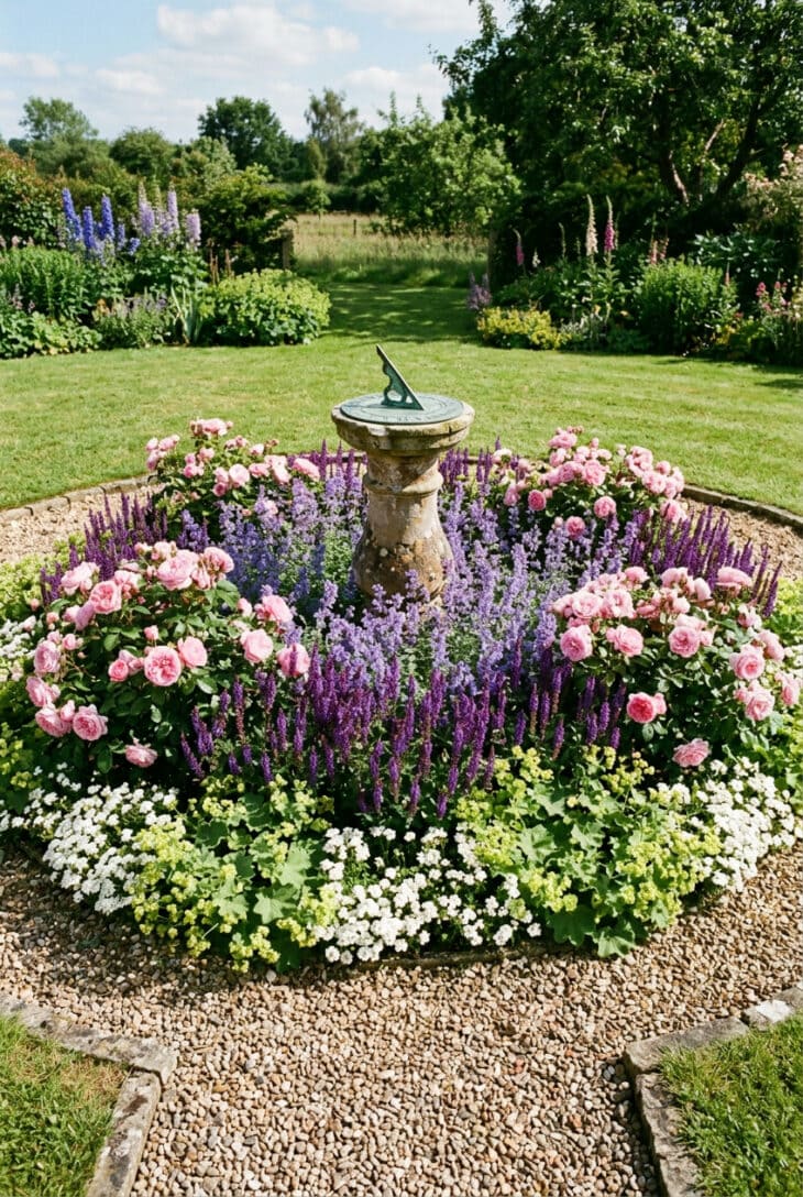 Circular flower bed of roses, salvia and catmint around a stone sundial in a lawn