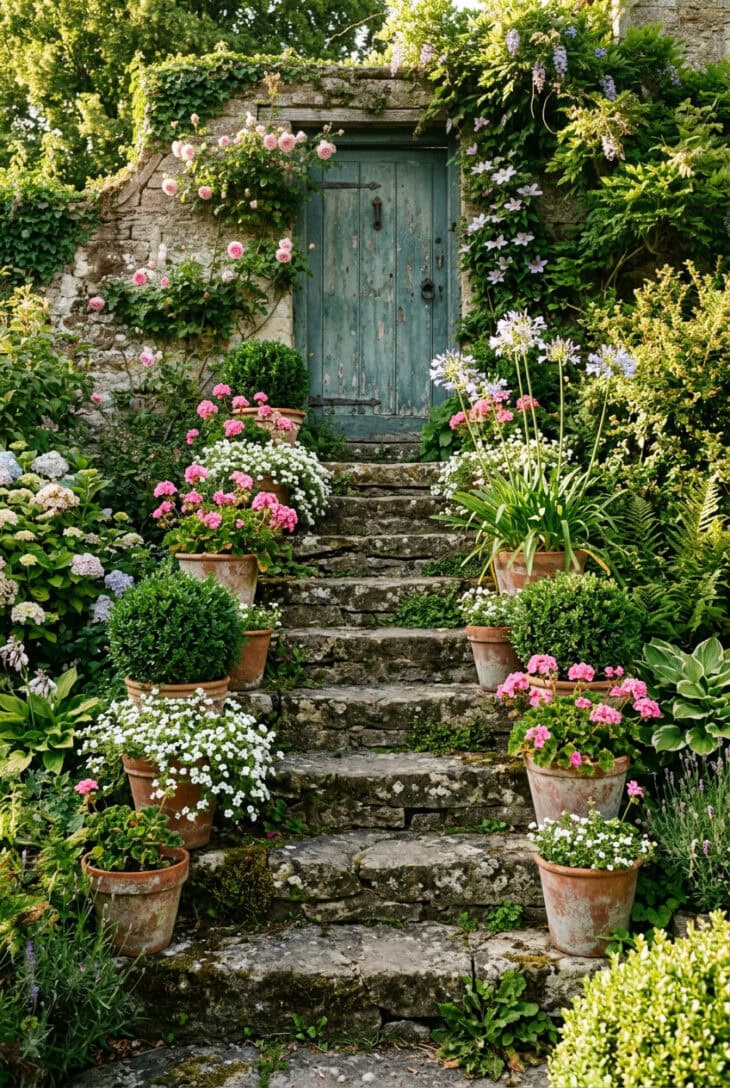 Weathered stone steps lined with terracotta pots of pelargoniums, agapanthus and box balls