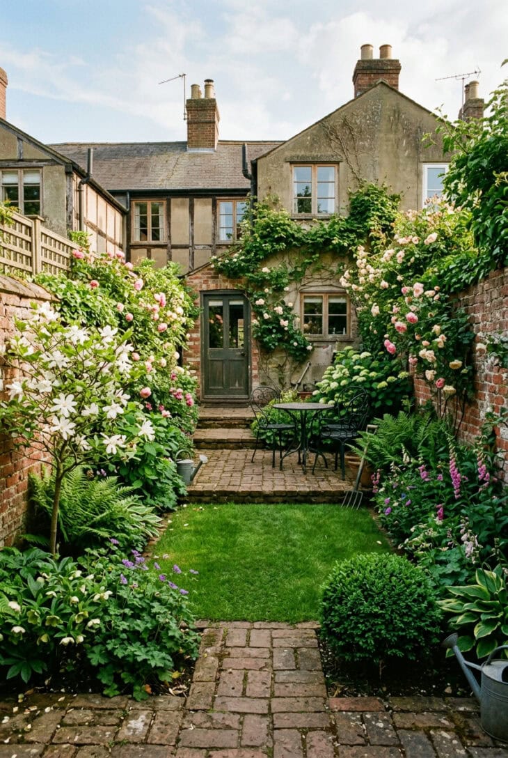 Small walled town garden with lawn, deep flower borders, a small tree and a bistro table
