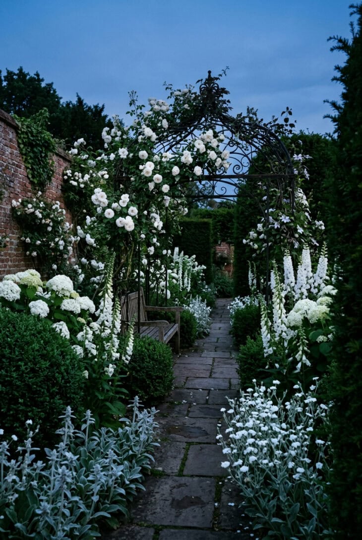 White roses, foxgloves, hydrangeas and silver foliage glowing at dusk in an enclosed garden