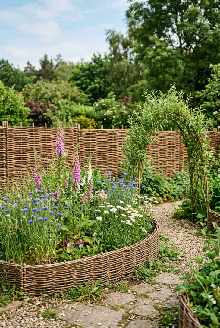Woven hazel hurdle fence and willow edging around a bed of foxgloves and cornflowers