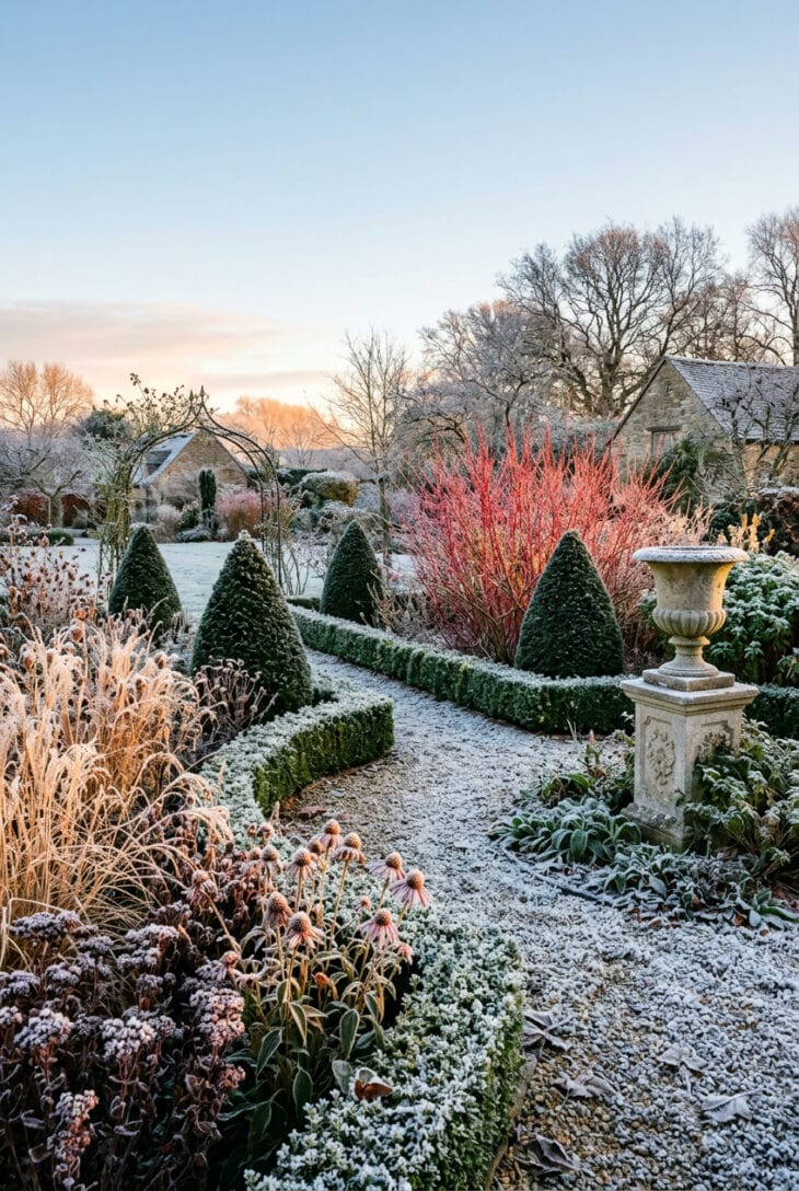 Frost-covered yew cones, box hedges and seedheads with red-stemmed dogwood at sunrise