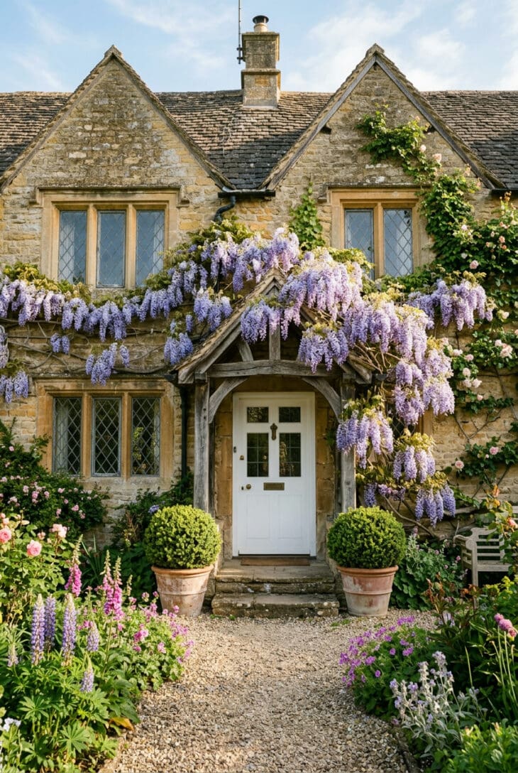 Stone house front draped in lavender-blue wisteria around a white front door