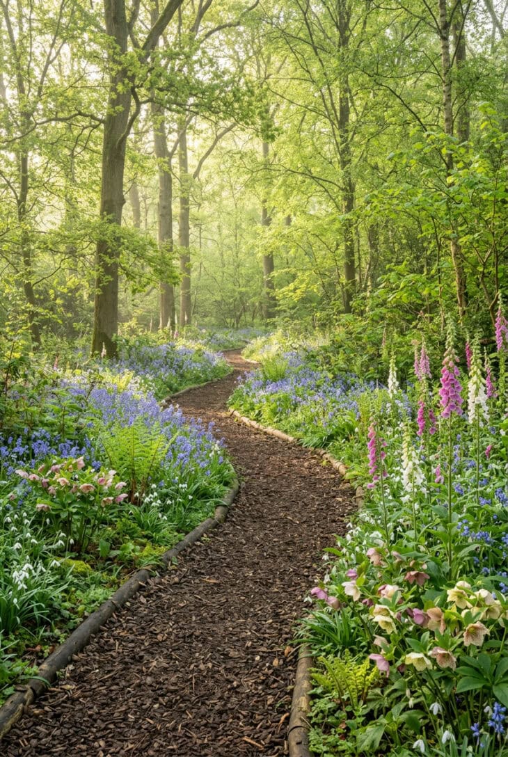 Bark path winding through spring woodland carpeted with bluebells, hellebores and foxgloves