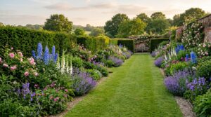 Classic English country garden with a double herbaceous border along a grass path between clipped yew hedges
