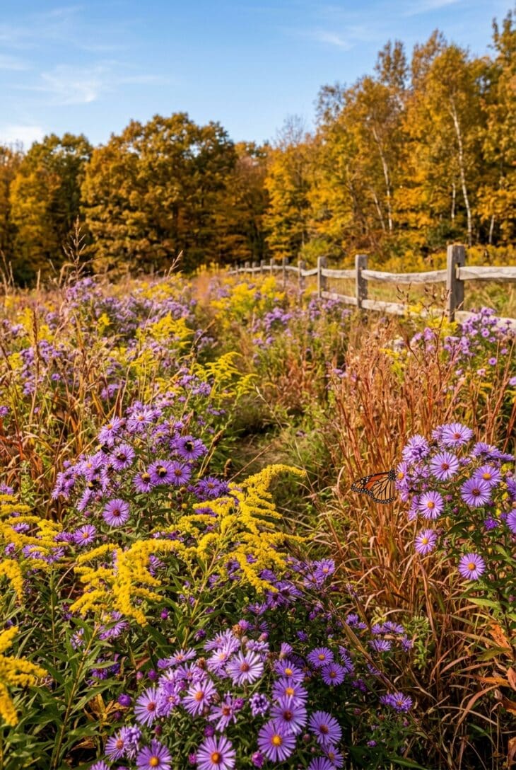 Meadow planting of purple New England asters and yellow goldenrod with bees and a monarch butterfly by a split-rail fence