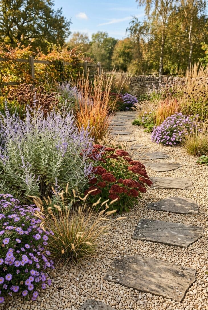 Gravel garden in fall with Russian sage, rust-red sedum, blue grama grass seedheads, copper bluestem and purple asters
