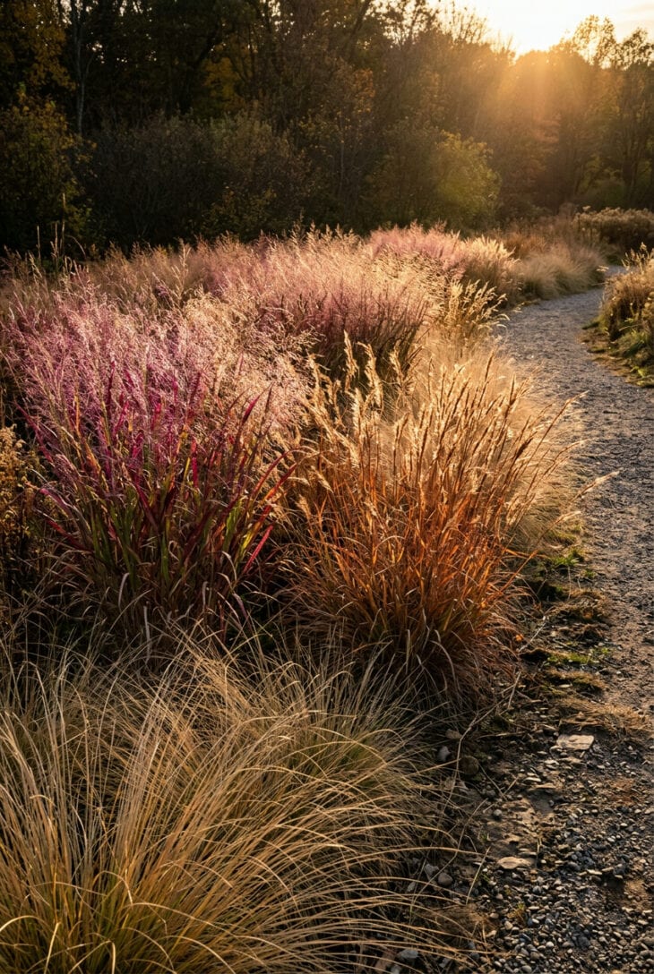 Drift of switchgrass, copper little bluestem and prairie dropseed glowing in low evening sun beside a gravel path