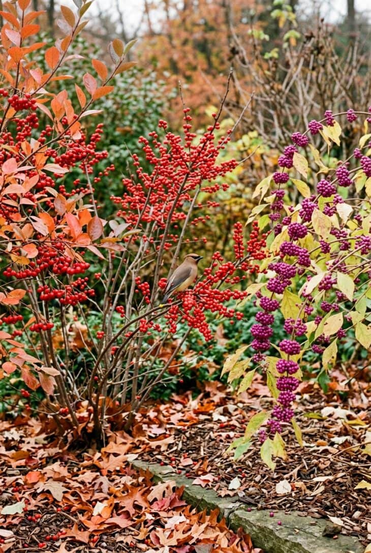 Shrub border with scarlet winterberry, magenta beautyberry and red chokeberry berries and a cedar waxwing perched on a branch